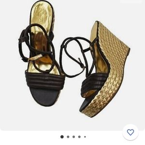 Coach gold braided leather wedges espadrilles